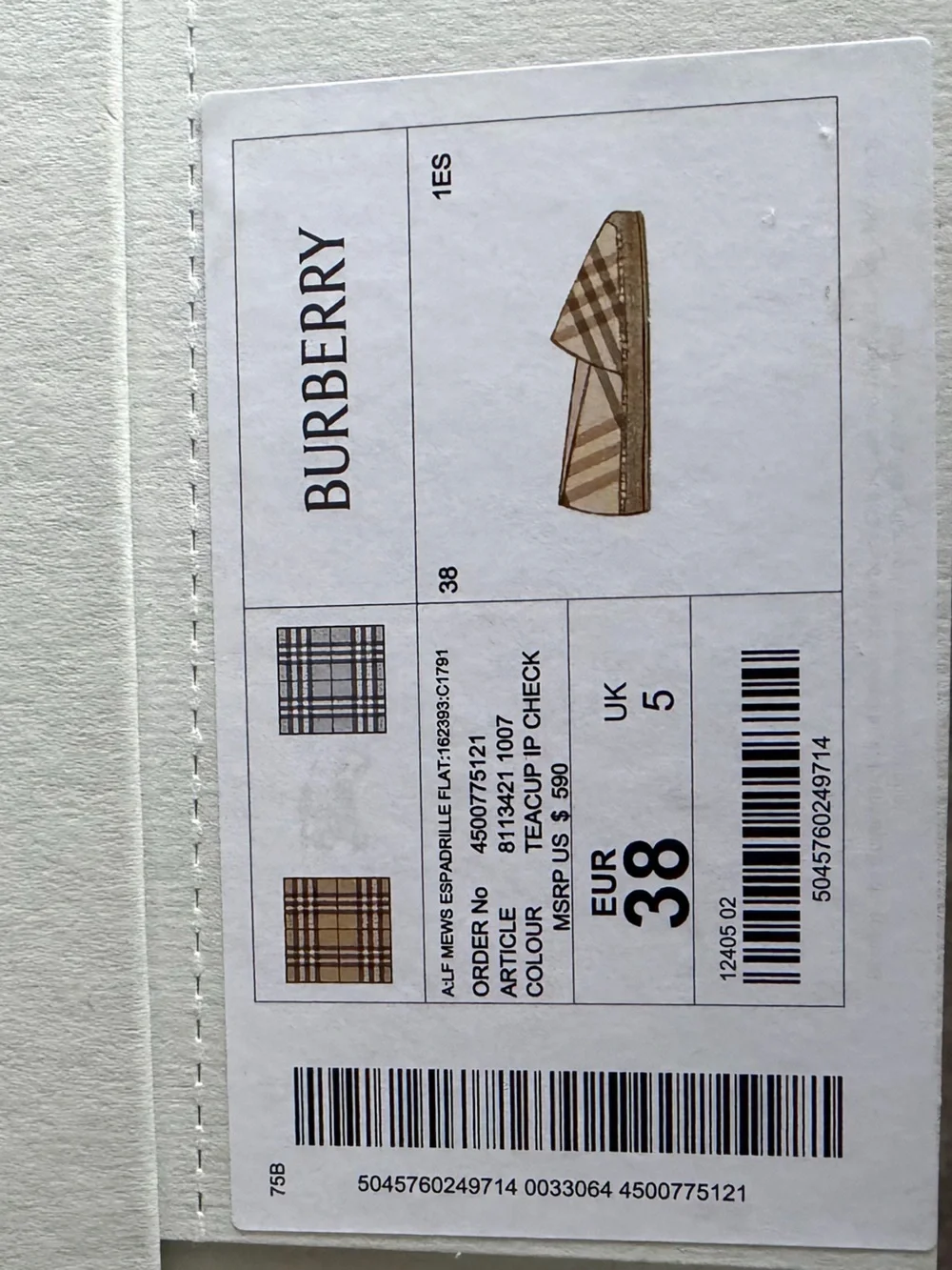 Burberry Mews Check Espadrille Flats Plaid SlipOn, Teacup IP Check, Size 38, NWT